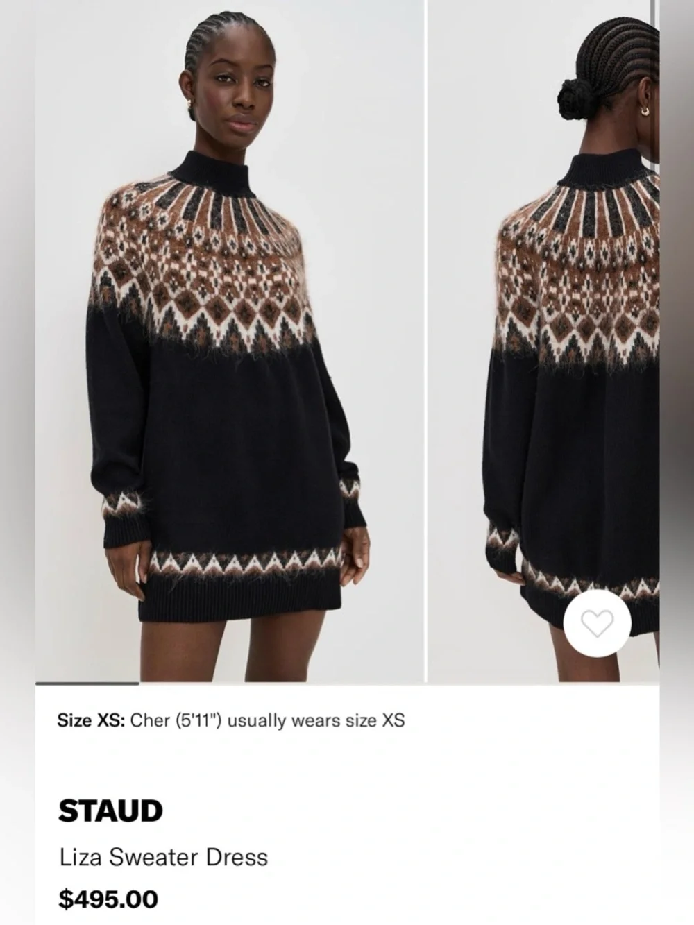STAUD Black Sweater Dress with Brown and Cream Fair Isle Yoke - Picture 1 of 1